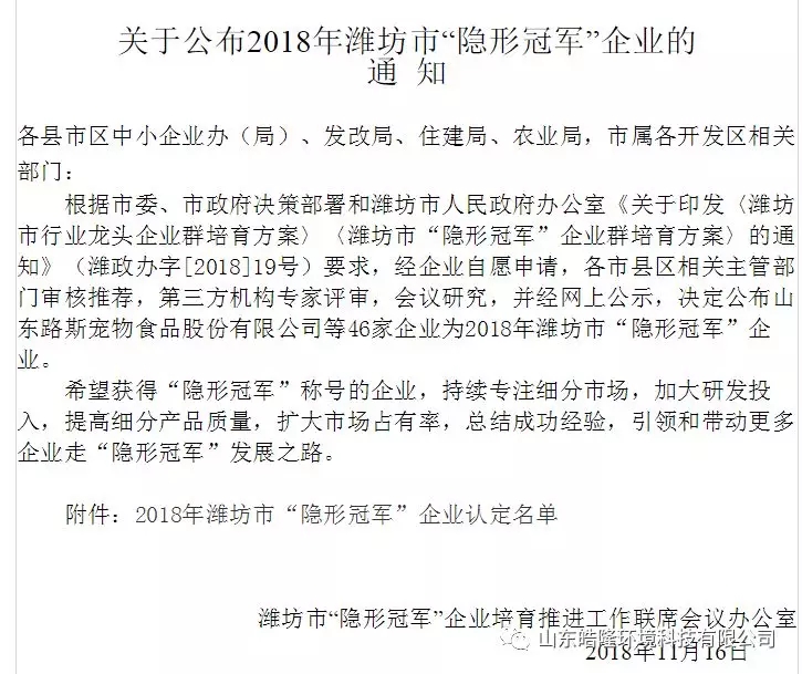官宣 | 91抖阴下载環境榮獲濰坊市“隱形冠軍”企業榮譽稱號